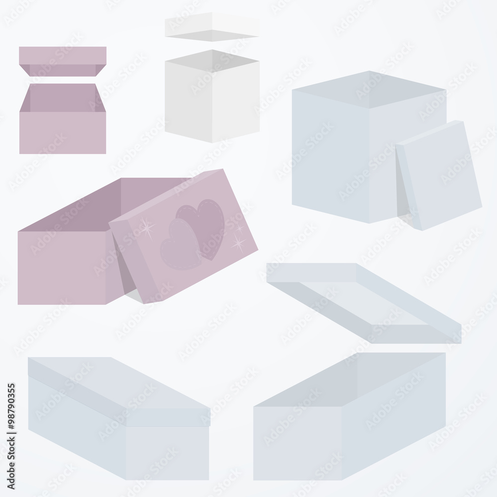 Set of 3d gift boxes packaging in different perspectives and shapes, flat colors, vector illustration Set of 3d gift boxes packaging in different perspectives and shapes, flat colors, vector illustration