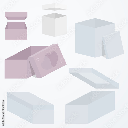 Set of 3d gift boxes packaging in different perspectives and shapes, flat colors, vector illustration