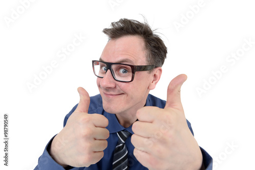 Happy businessman in glasses with thumbs up isolated on white background. 