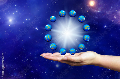 open female hand holding a zodiac wheel - Elements of this image furnished by NASA