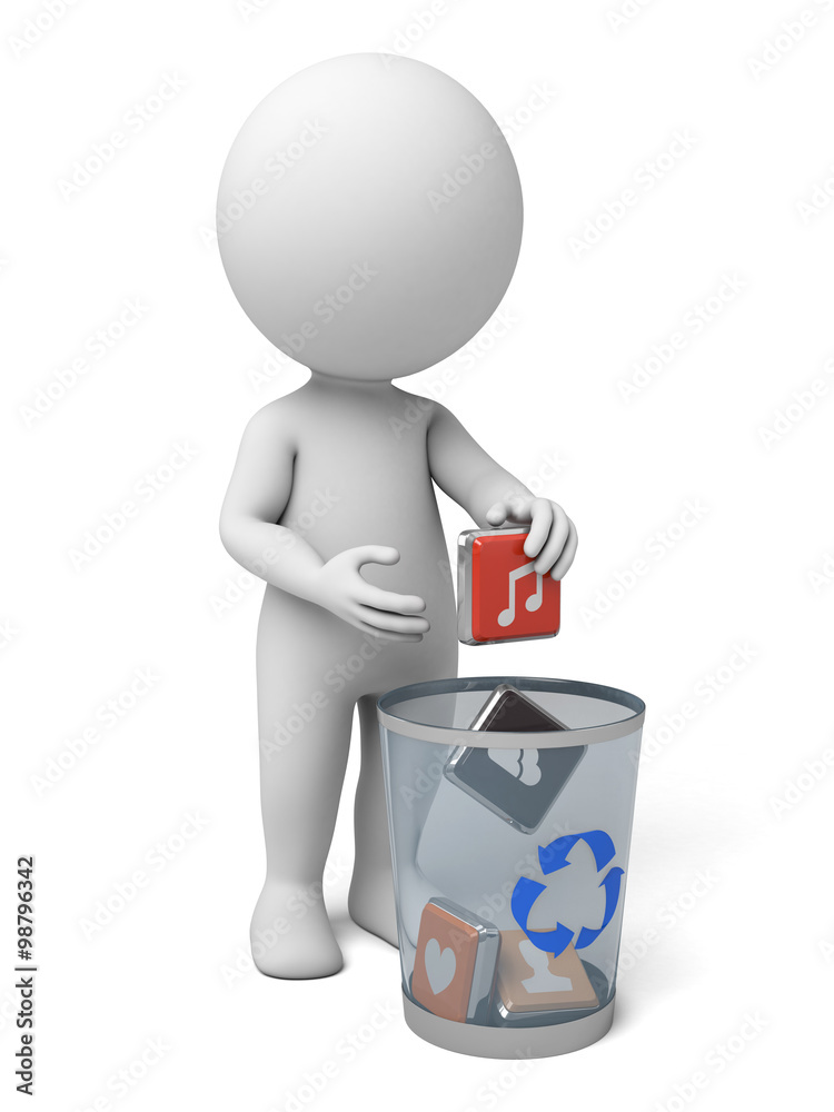3d people with throw some icons into a trash bin. 3d image. Isolated white background. 3d people with throw some icons into a trash bin. 3d image. Isolated white background.