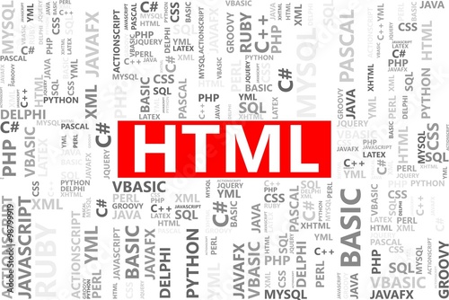 HTML word in tag cloud, Web development concept, Vector graphics