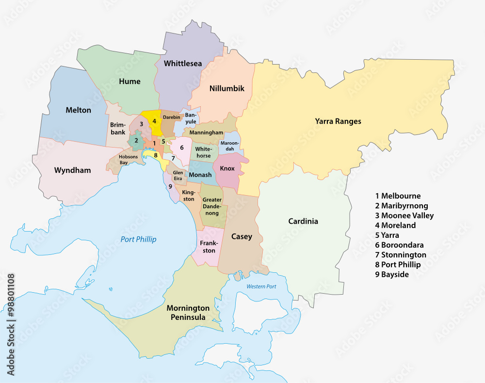 Naklejka premium Melbourne Metro Area administrative Map