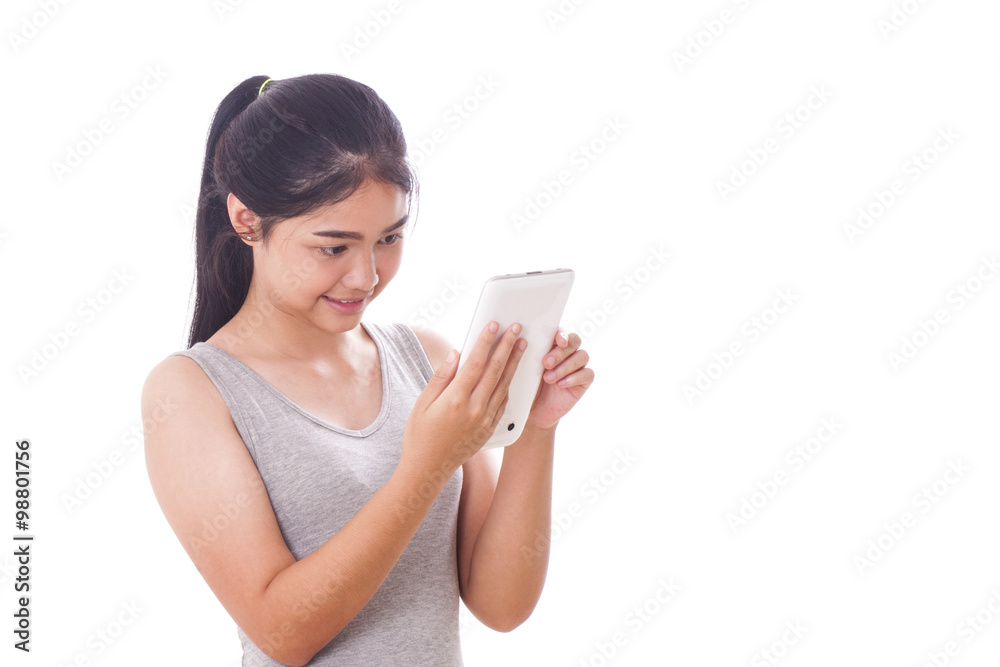young women using tablet pc on white background young women using tablet pc on white background