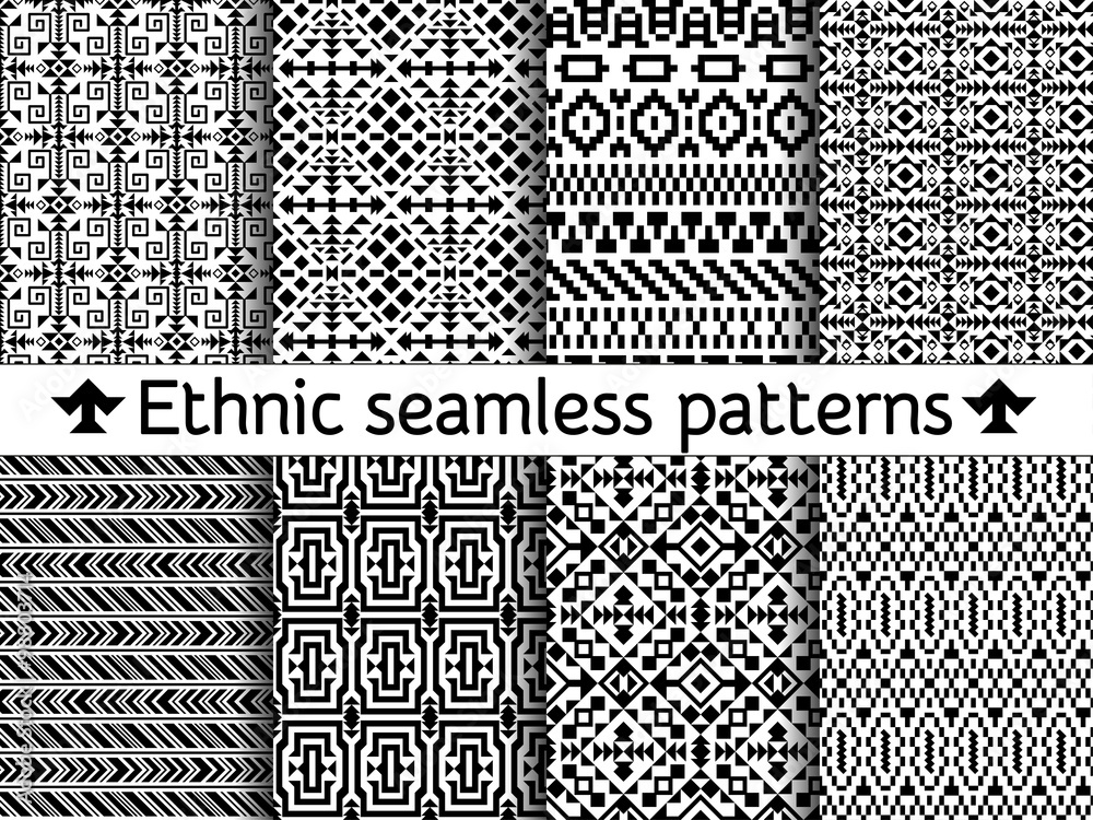 Set of tribal seamless patterns. American Indian or asian motifs. Black vector illustration. Good for frames, borders and like a background. Abstract geometric collection. Stripes in ethnic style