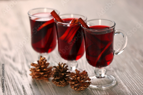Mulled wine on wooden table
