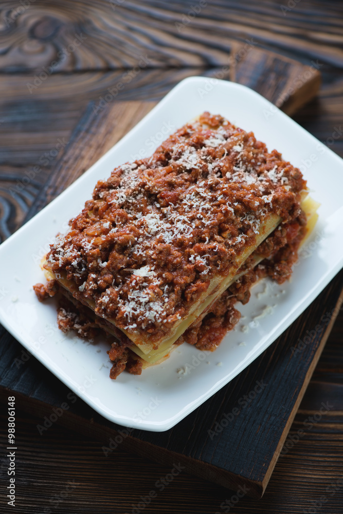 Homemade meat and cheese lasagna, high angle view, closeup Homemade meat and cheese lasagna, high angle view, closeup