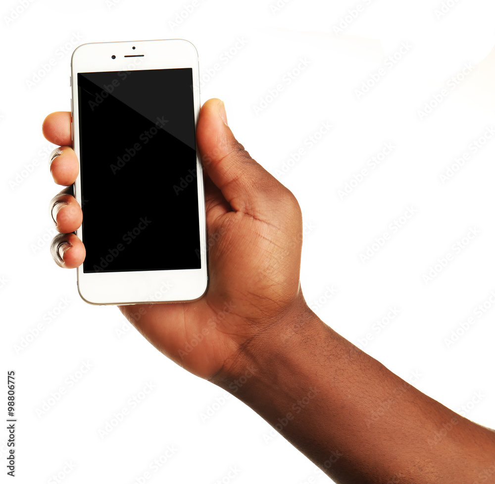 Hand holding mobile smart phone with blank screen, isolated on white Hand holding mobile smart phone with blank screen, isolated on white
