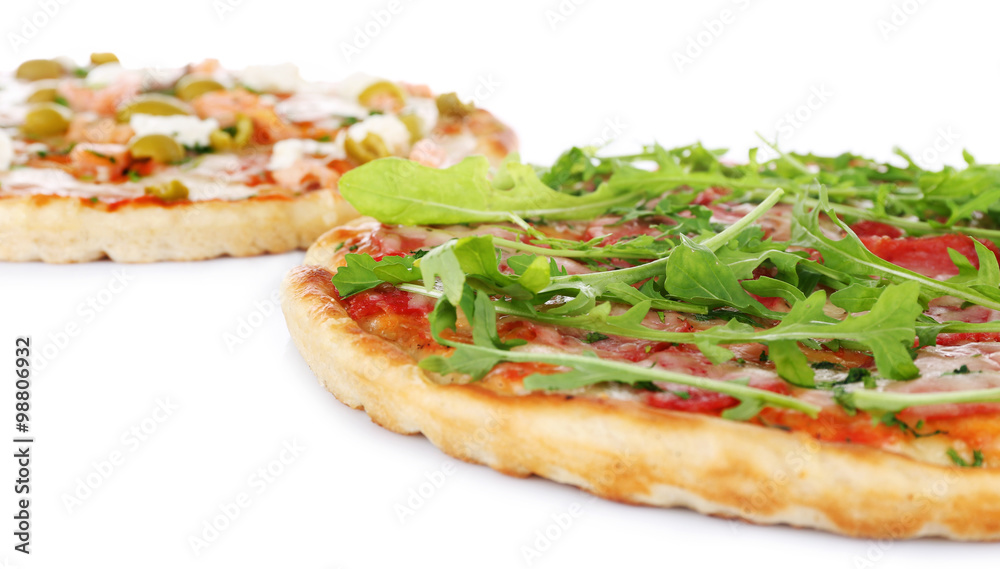 Two delicious tasty pizzas, closeup Two delicious tasty pizzas, closeup