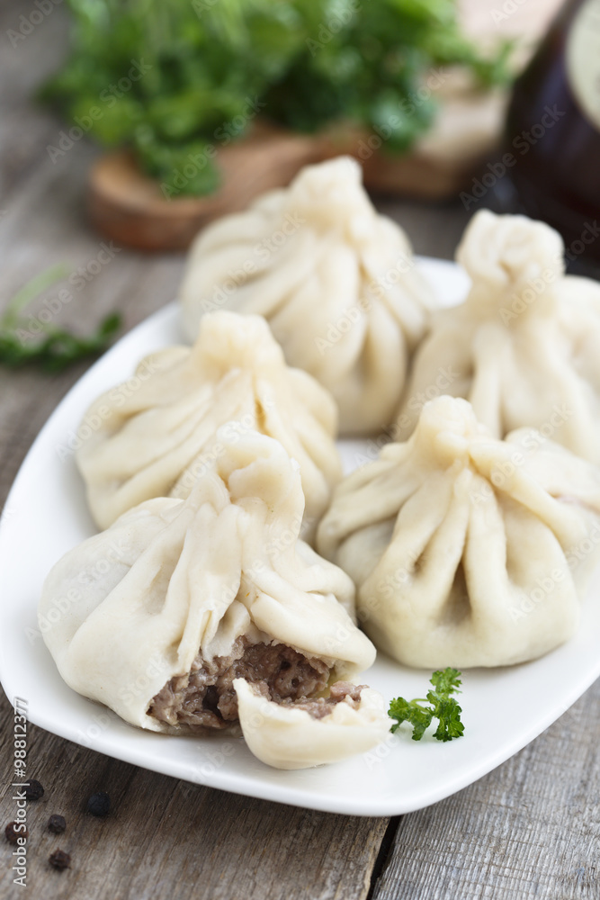 Traditional Georgian khinkali or dumplings, stuffed with meat