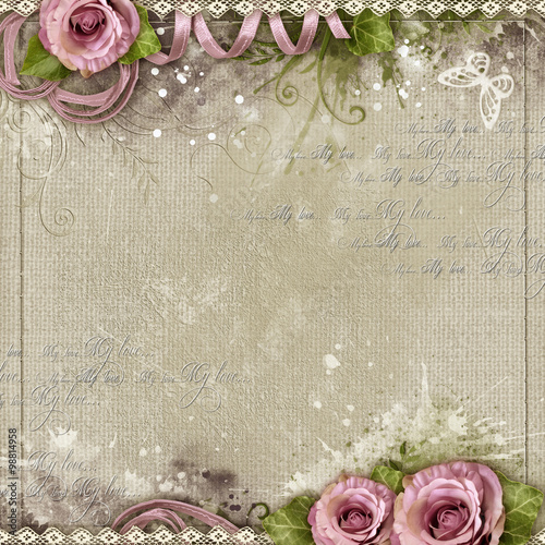 Vintage background with purple roses, lace, ribbon