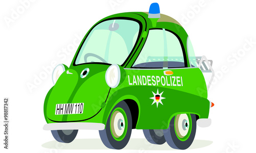 Caricatura BMW Isetta 300 policía nacional alemana vista frontal y lateral
