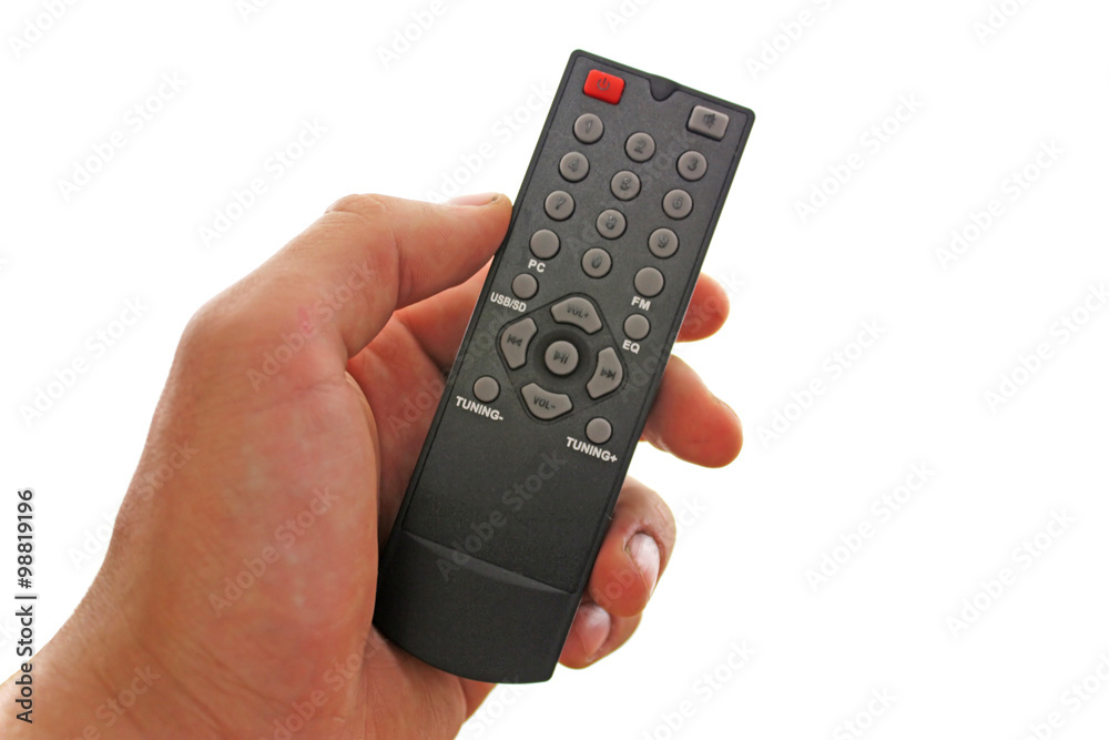 Hand with remote control on white background Hand with remote control on white background