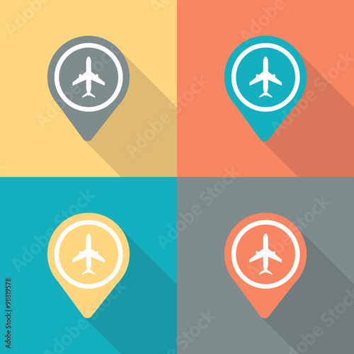 Aircraft or airplane pin icon. Airport map pointer. Vector illustration.