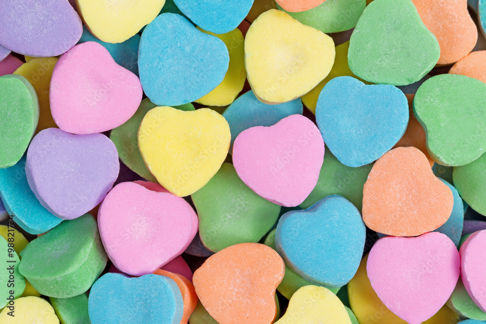 Happy Valentines day with colorful heart shaped candies - obrazy, fototapety, plakaty 