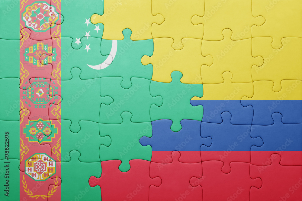 puzzle with the national flag of colombia and turkmenistan