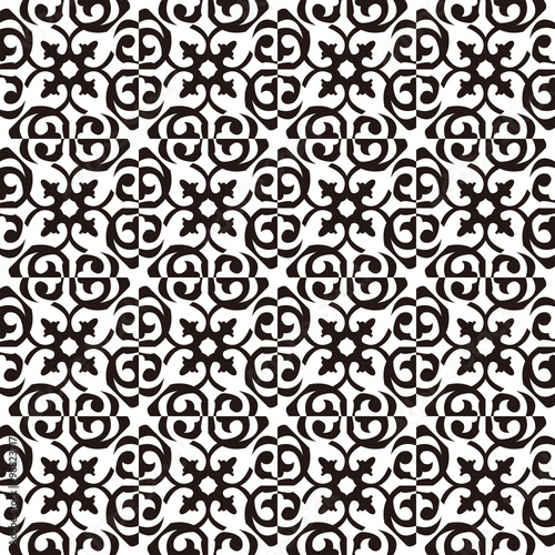 Seamless background image of vintage black white curve spiral kaleidoscope pattern. 