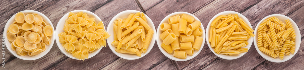 Various dried pasta variety and shapes in white bowl over wooden background Various dried pasta variety and shapes in white bowl over wooden background