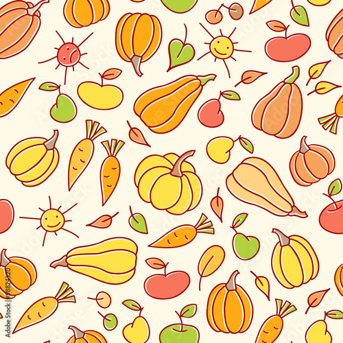 Fototapeta Naklejka Na Ścianę i Meble -  Autumn simless pattern with pumpkins  in a childish style