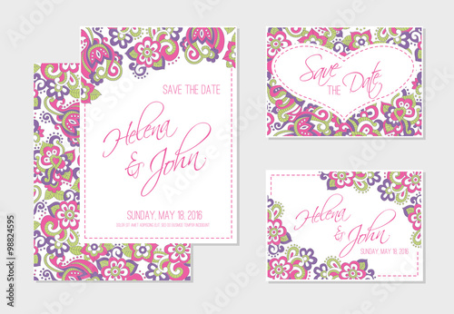 Set of wedding  invitation or anniversary cards with colorful floral background