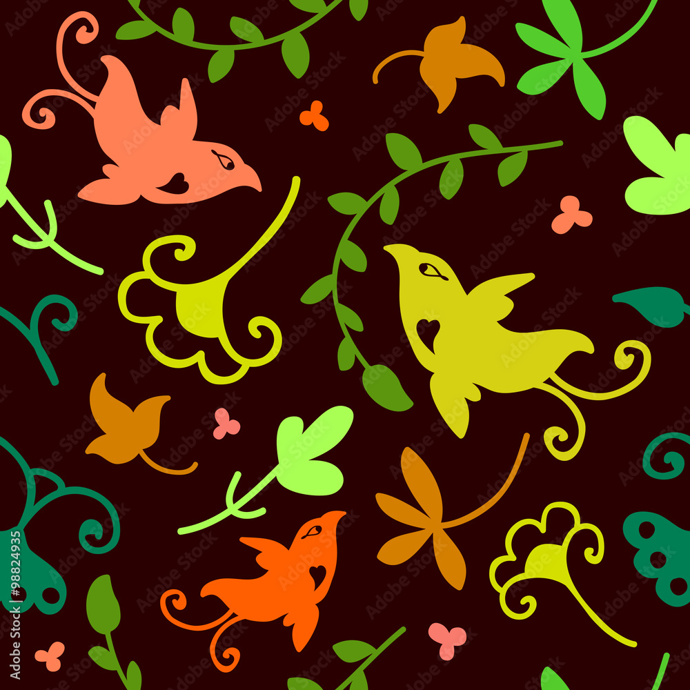 Cute doodle seamless floral ornament with birds Cute doodle seamless floral ornament with birds