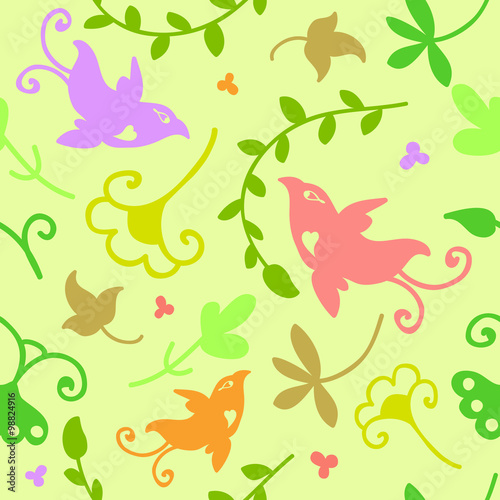 Cute doodle seamless floral ornament with birds