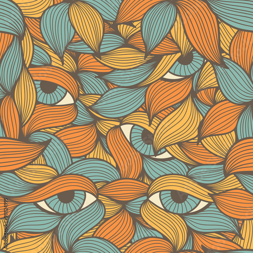 Seamless pattern with stylized leaves and eyes