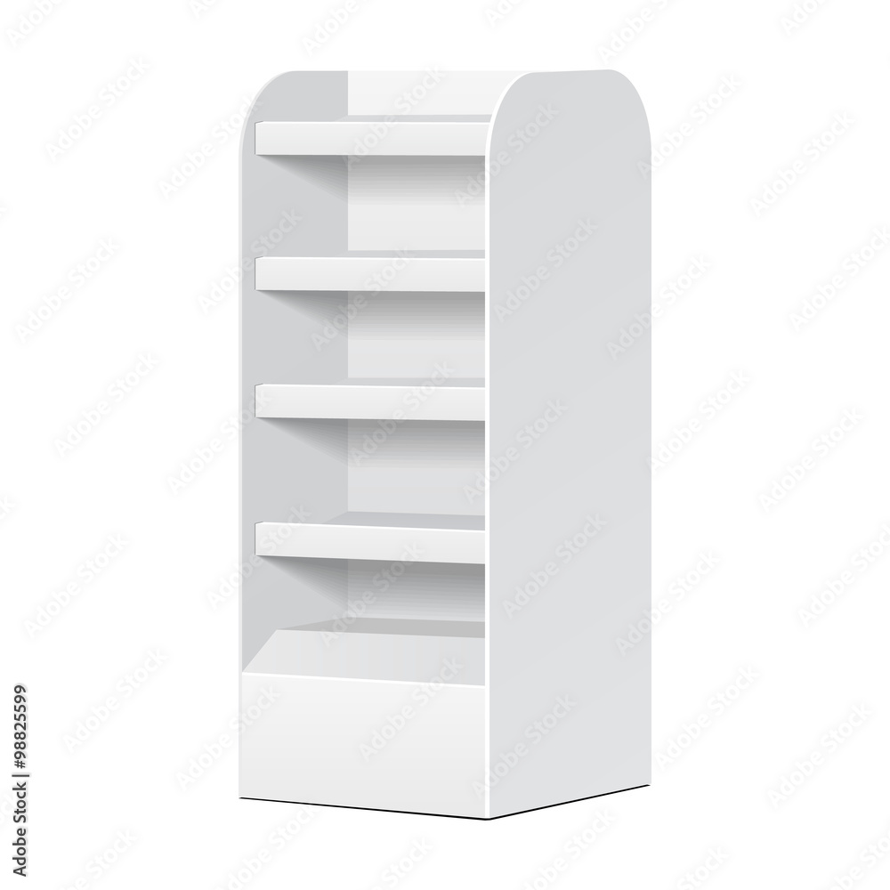 White POS POI Cardboard Blank Empty Displays With Shelves Products On White Background Isolated. Ready For Your Design. Product Packing. Vector EPS10 White POS POI Cardboard Blank Empty Displays With Shelves Products On White Background Isolated. Ready For Your Design. Product Packing. Vector EPS10
