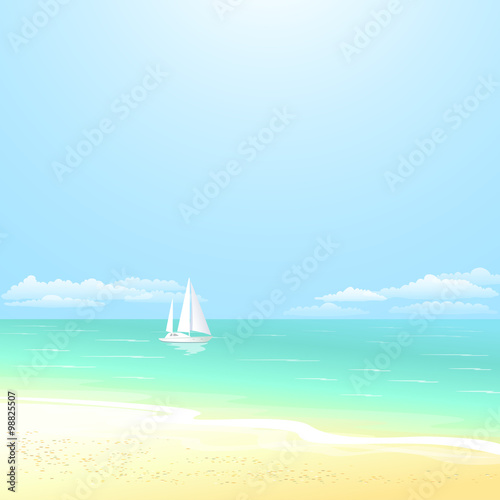 Seaside summer vacation background. Beautiful seascape of calm ocean and floating yacht. Vector illustration EPS10
