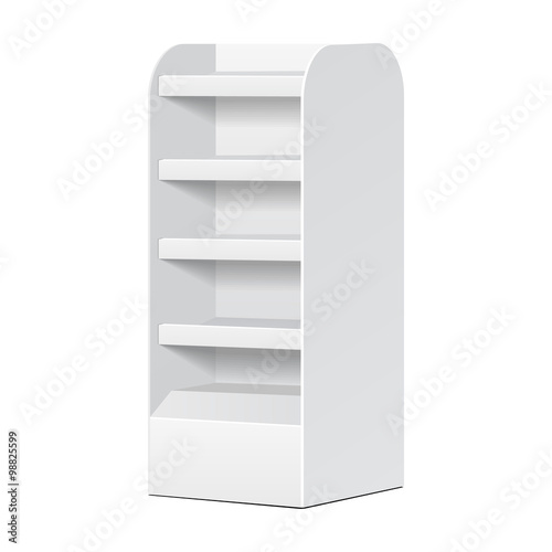 White POS POI Cardboard Blank Empty Displays With Shelves Products On White Background Isolated. Ready For Your Design. Product Packing. Vector EPS10 