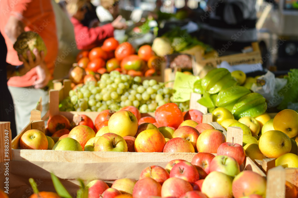 Picture of fresh fruits and vegetables at market in boxes Picture of fresh fruits and vegetables at market in boxes