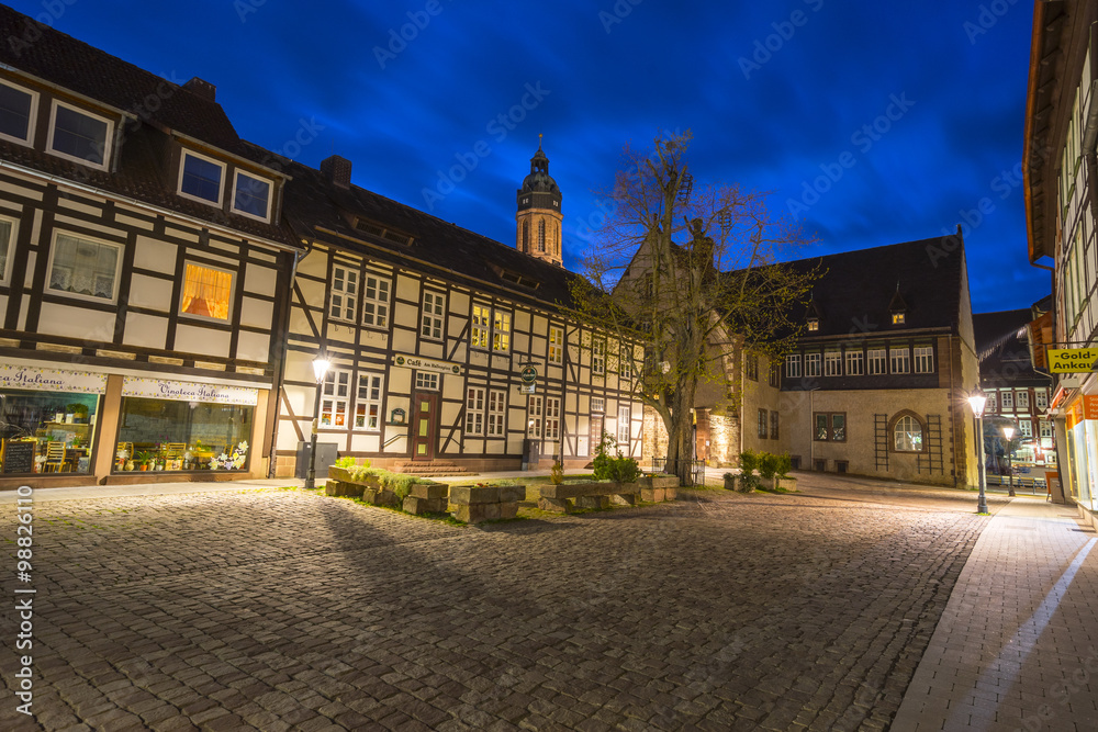 Street view with timbered houses in medieval town Einbeck, in Lower Saxony, Germany.