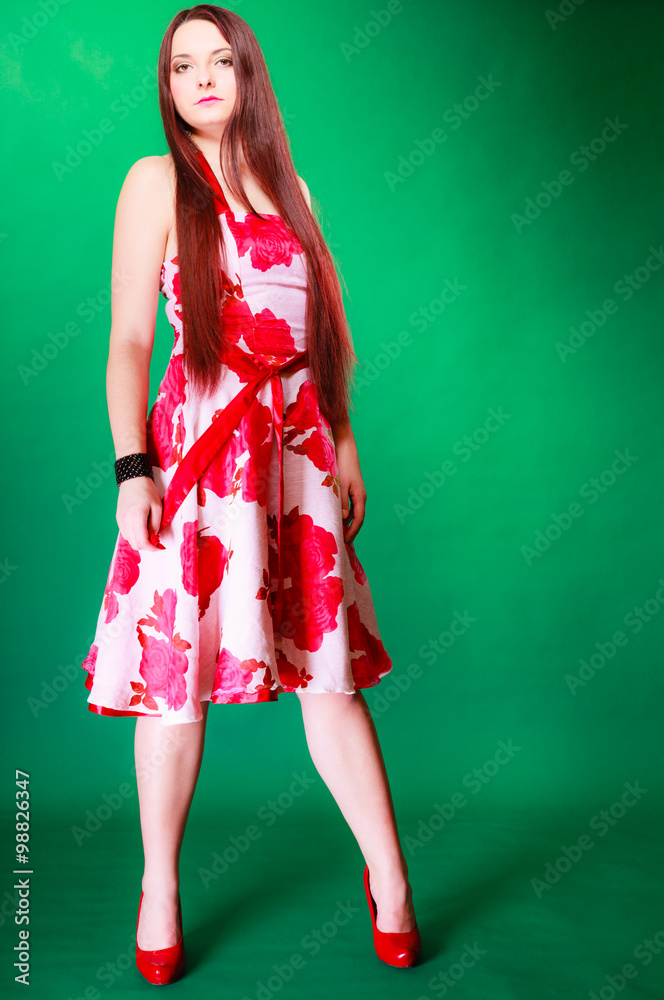 Full length female posing in summer dress. Full length female posing in summer dress.