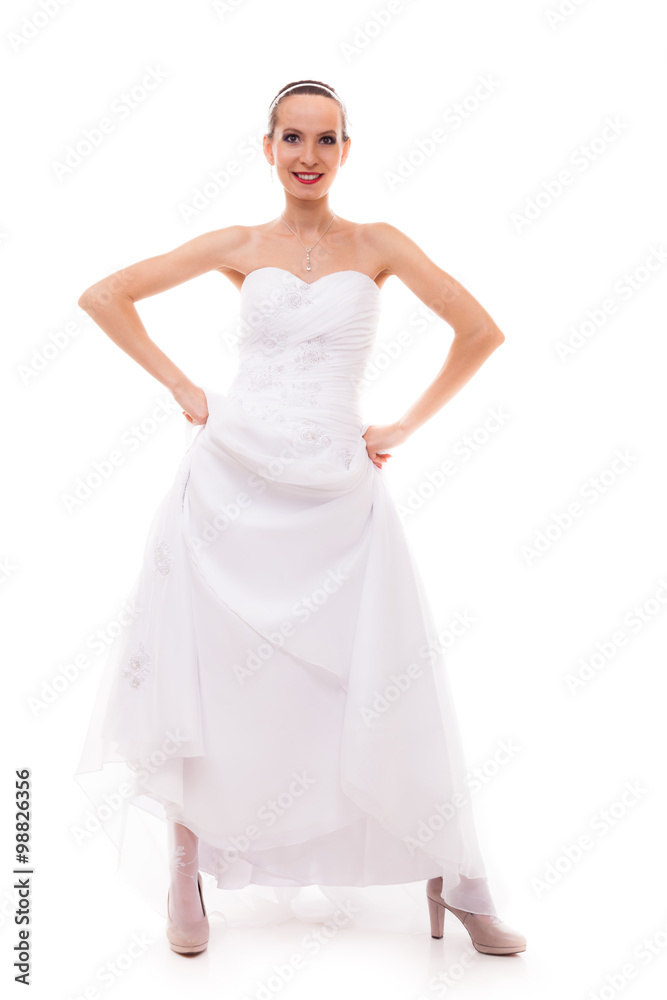 Fototapeta premium Full length bride in white wedding gown isolated