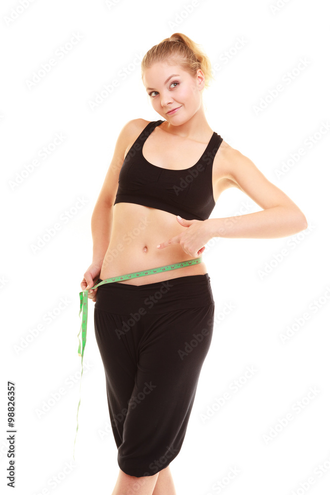 diet. slim blonde girl with measure tape measuring waist diet. slim blonde girl with measure tape measuring waist