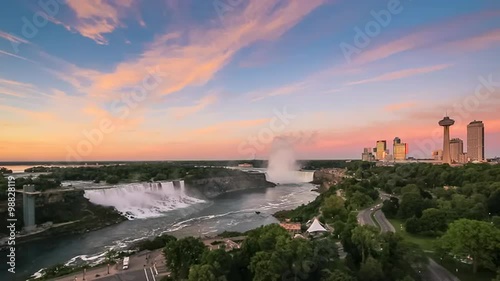 Panorama of Niagara Falls as seen from the Canadian side at sunrise. The American Falls is on the left, Canadian Falls in the center of the frame.