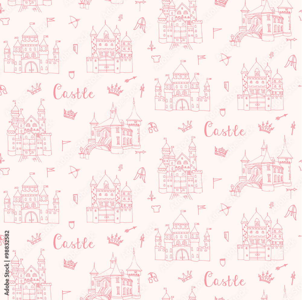Seamless background of set of hand drawn cartoon fairy tale princess castle icons, castle doodle vector sketch with set of fairytale, game icons - crossbow, arrow, knight helmet, flag, crown Seamless background of set of hand drawn cartoon fairy tale princess castle icons, castle doodle vector sketch with set of fairytale, game icons - crossbow, arrow, knight helmet, flag, crown