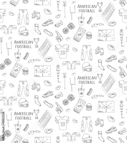 Seamless background hand drawn doodle american football set Vector illustration Sketchy sport football icons, ball helmet jersey pants knee thigh shoulder pads cleats field cheerleading down indicator