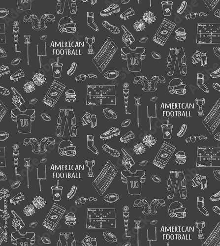 Seamless background hand drawn doodle american football set Vector illustration Sketchy sport football icons, ball helmet jersey pants knee thigh shoulder pads cleats field cheerleading down indicator