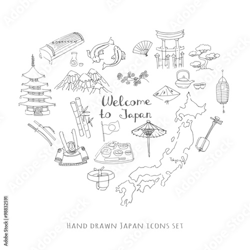Hand drawn doodle Welcome to Japan set. Vector illustration. Sketchy Japanese related icons, Japan elements, map, pagoda, umbrella, sumo, sake, samurai, Fuji, food, sakura