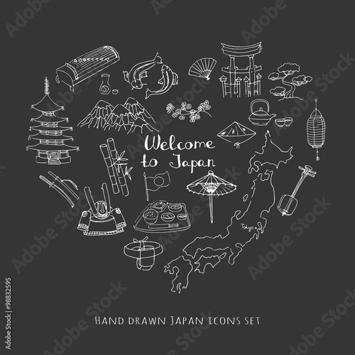 Hand drawn doodle Welcome to Japan set. Vector illustration. Sketchy Japanese related icons, Japan elements, map, pagoda, umbrella, sumo, sake, samurai, Fuji, food, sakura