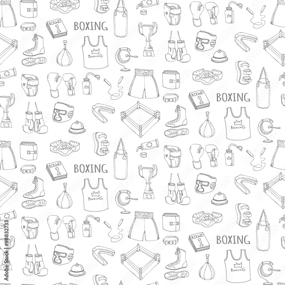 Seamless background of Hand drawn doodle boxing set Vector illustration Sketchy sport related icons boxing elements, boxing uniform, gloves, shoes, helmet, boxing ring, belt, trophy Seamless background of Hand drawn doodle boxing set Vector illustration Sketchy sport related icons boxing elements, boxing uniform, gloves, shoes, helmet, boxing ring, belt, trophy