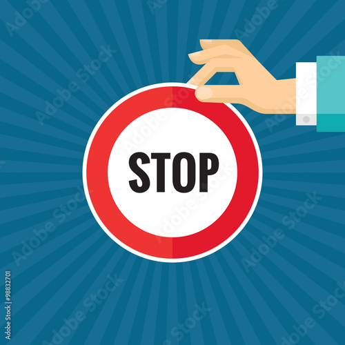 Human hand with stop sign - concept vector illustration in flat style design for creative projects. Human hand and circle with sample text. Design element.