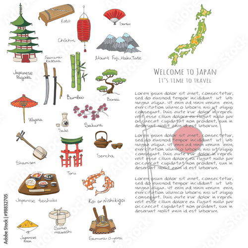 Hand drawn doodle Welcome to Japan set. Vector illustration. Sketchy Japanese related icons, Japan elements, map, pagoda, umbrella, sumo, sake, samurai, Fuji, food, sakura