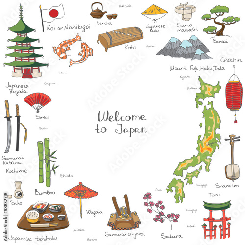 Hand drawn doodle Welcome to Japan set. Vector illustration. Sketchy Japanese related icons, Japan elements, map, pagoda, umbrella, sumo, sake, samurai, Fuji, food, sakura