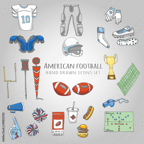 Hand drawn doodle american football set Vector illustration Sketchy sport related icons football elements, ball helmet jersey pants knee thigh shoulder pads cleats field cheerleading down indicator