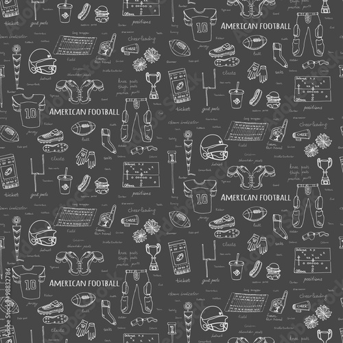 Seamless background hand drawn doodle american football set Vector illustration Sketchy sport football icons, ball helmet jersey pants knee thigh shoulder pads cleats field cheerleading down indicator