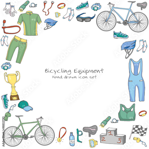 Bicycle equipment hand drawn set, doodle vector illustration of various stylized bicycle icons, bicycling equipment and accessories icons sketch collection, bicycling gear, cycling cloth and shoes