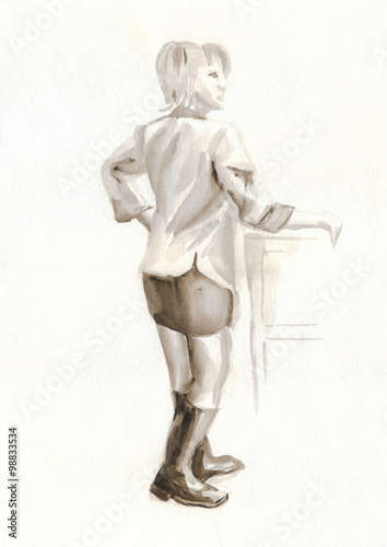 figure of a woman painted in brown watercolor, sketch