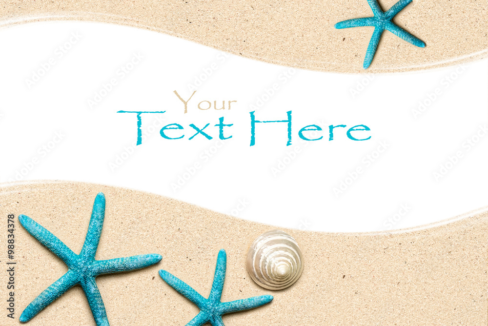 Sea shells on sand. Summer beach background. Top view
